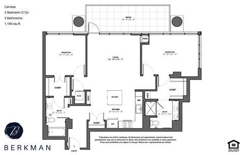 Floor plan for 2 beds, 2 baths, 1185 sqft